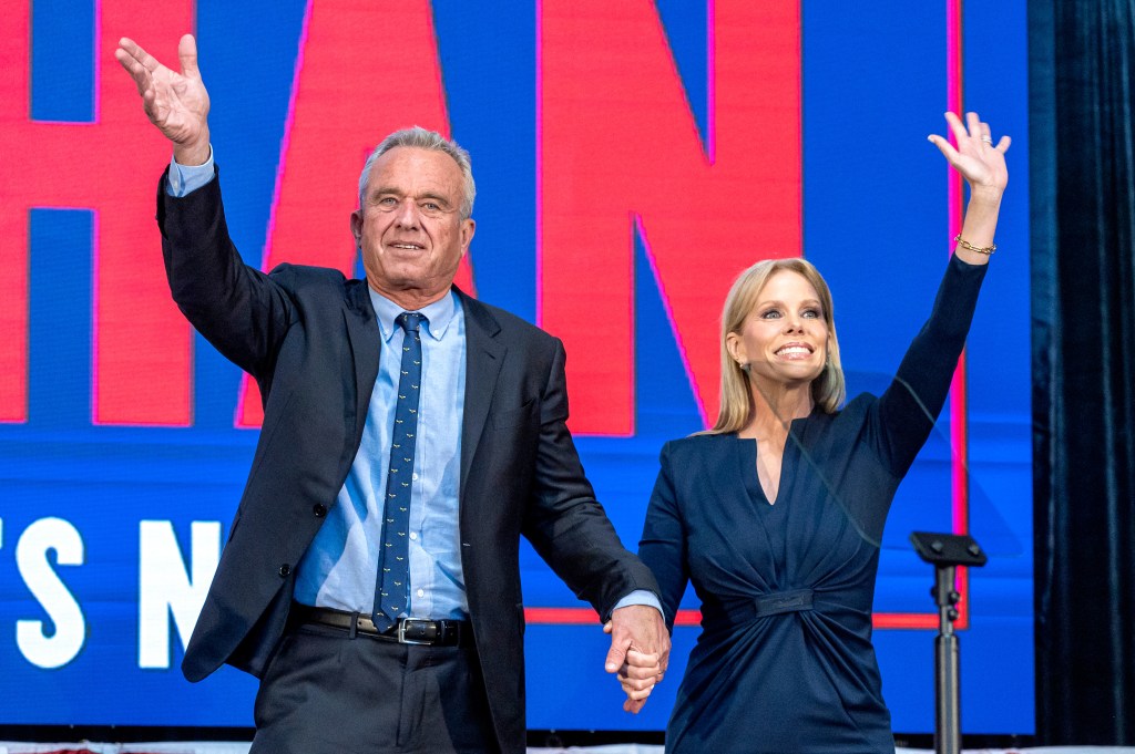 Robert F. Kennedy Jr. and his wife Cheryl Hines during a campaign event in Oakland, California, U.S., Tuesday, March 26, 2024.